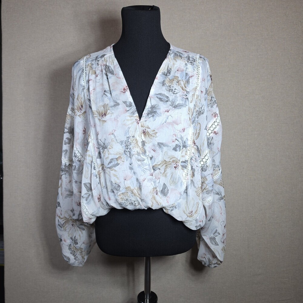 BY TOGETHER Chiffon V Neck Balloon Sleeve Peasant Blouse Womens Small